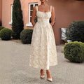 Embroidered suspender waistband dress