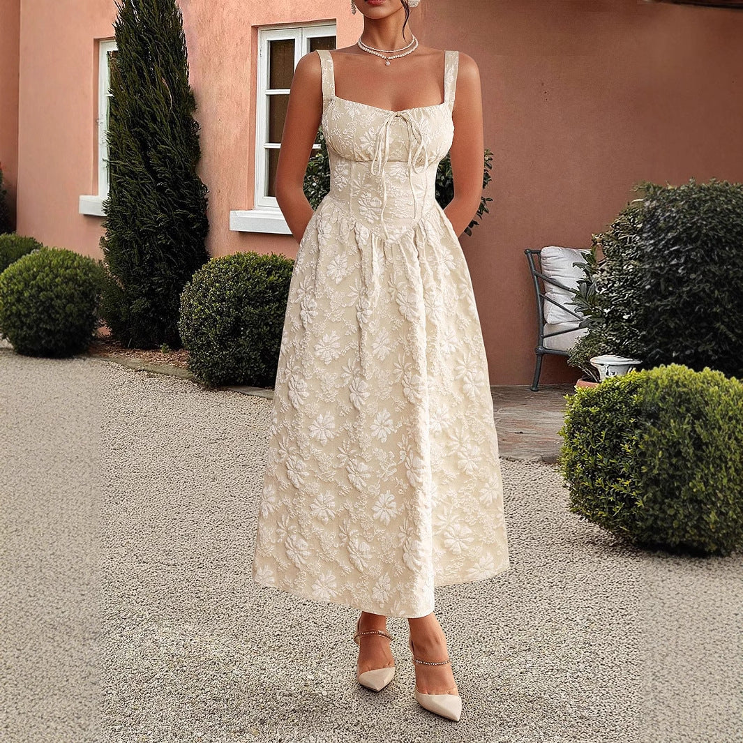 Embroidered suspender waistband dress