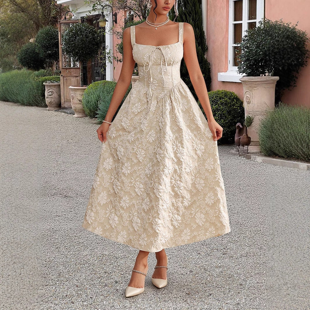 Embroidered suspender waistband dress
