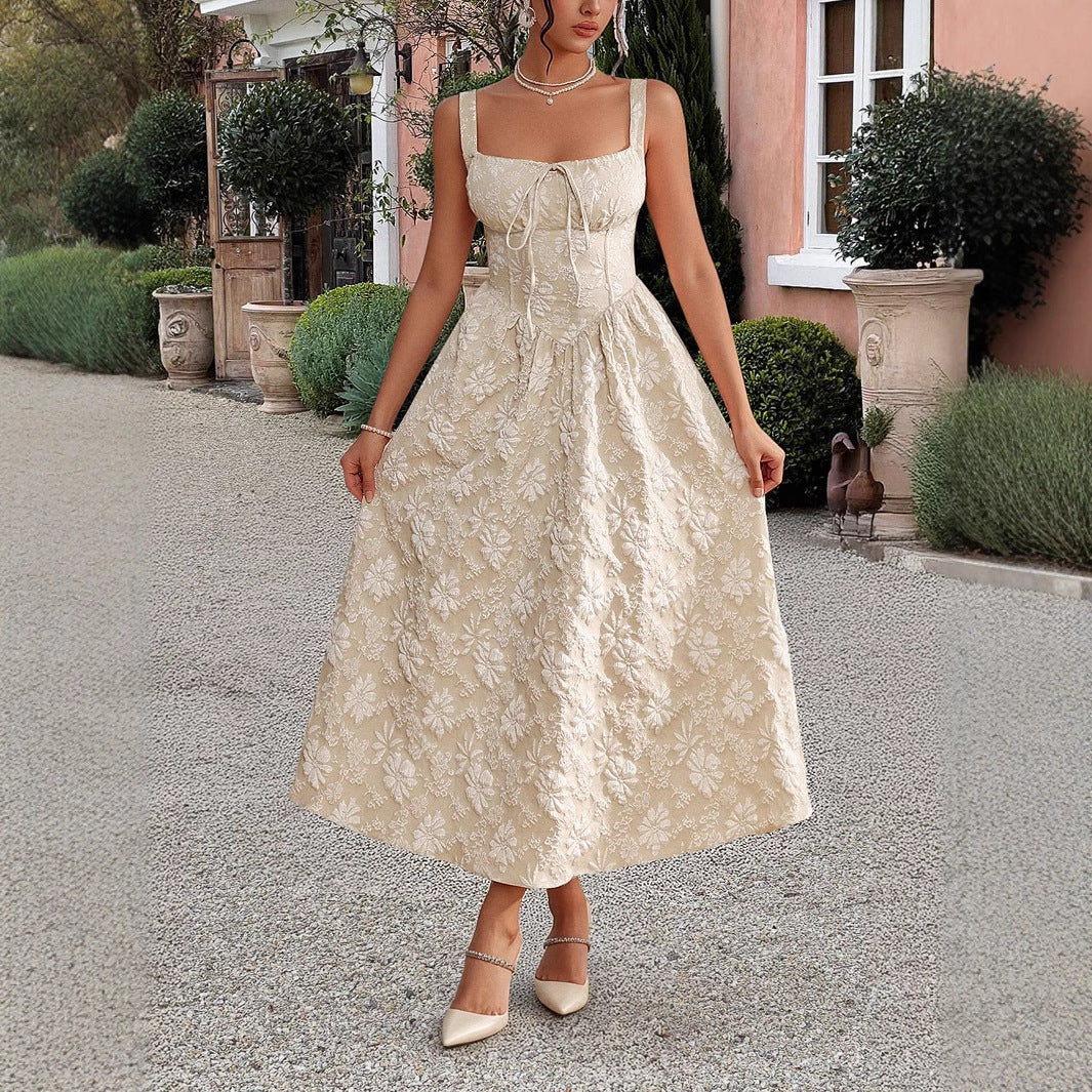 Embroidered suspender waistband dress