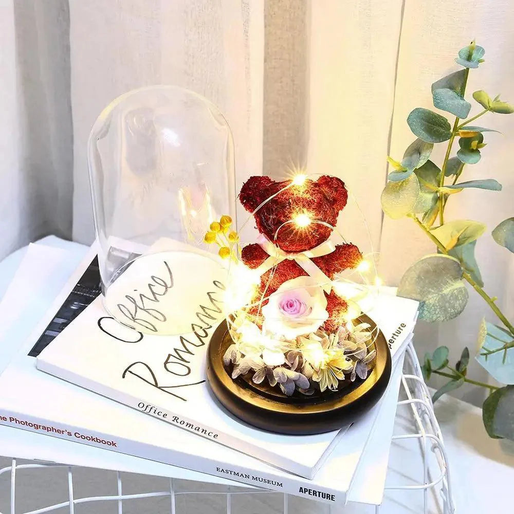 Enchanted Red Rose Teddy Bear In Glass Dome With LED Light - Best Wedding Decoration Birthday Valentine's Day Gift