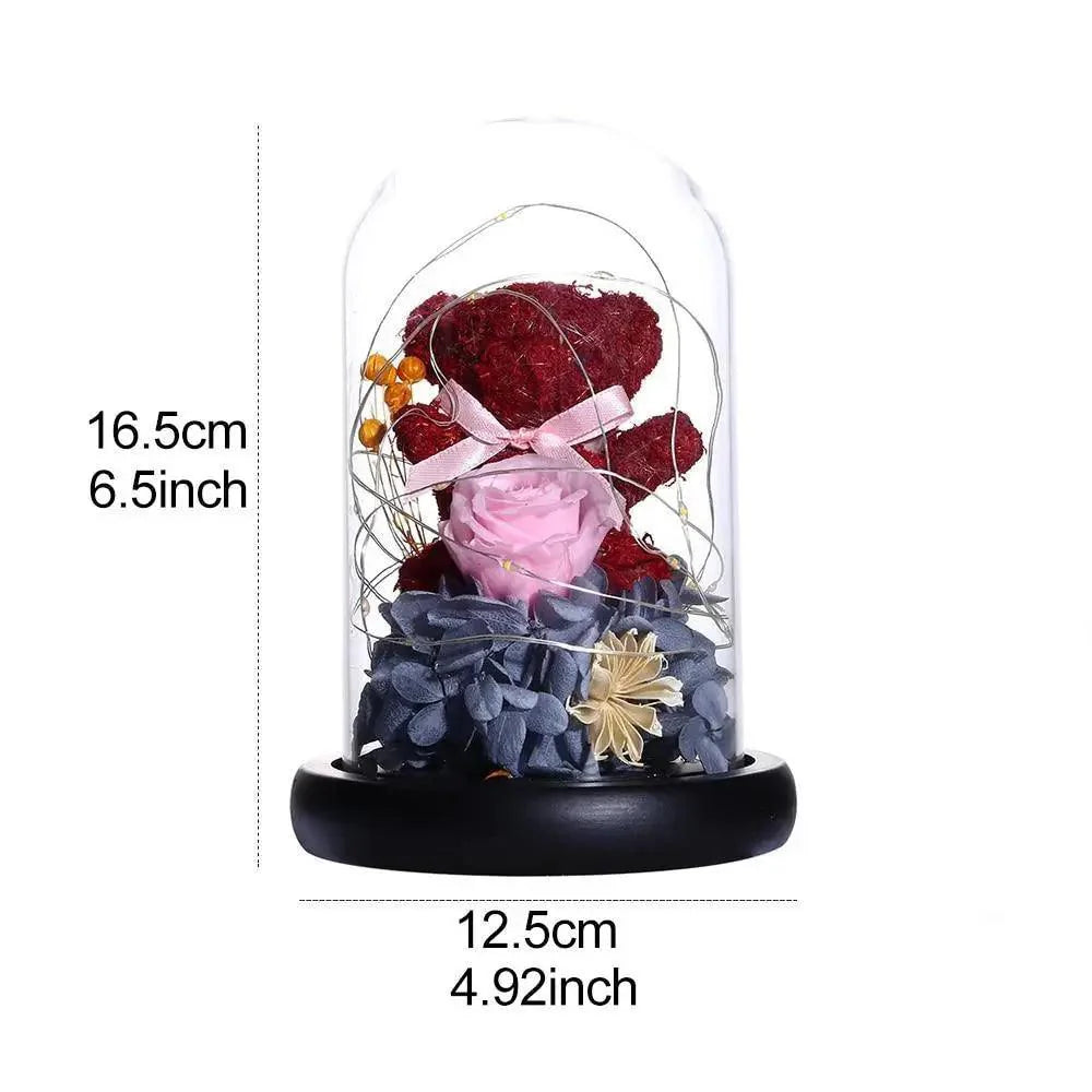 Enchanted Red Rose Teddy Bear In Glass Dome With LED Light - Best Wedding Decoration Birthday Valentine's Day Gift