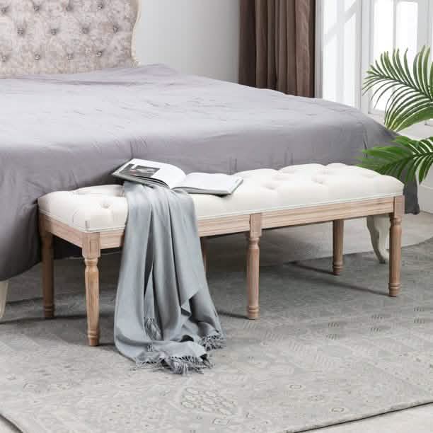 End of Bed Bench Upholstered Entryway Bench French Benchwith Rubberwood Legs