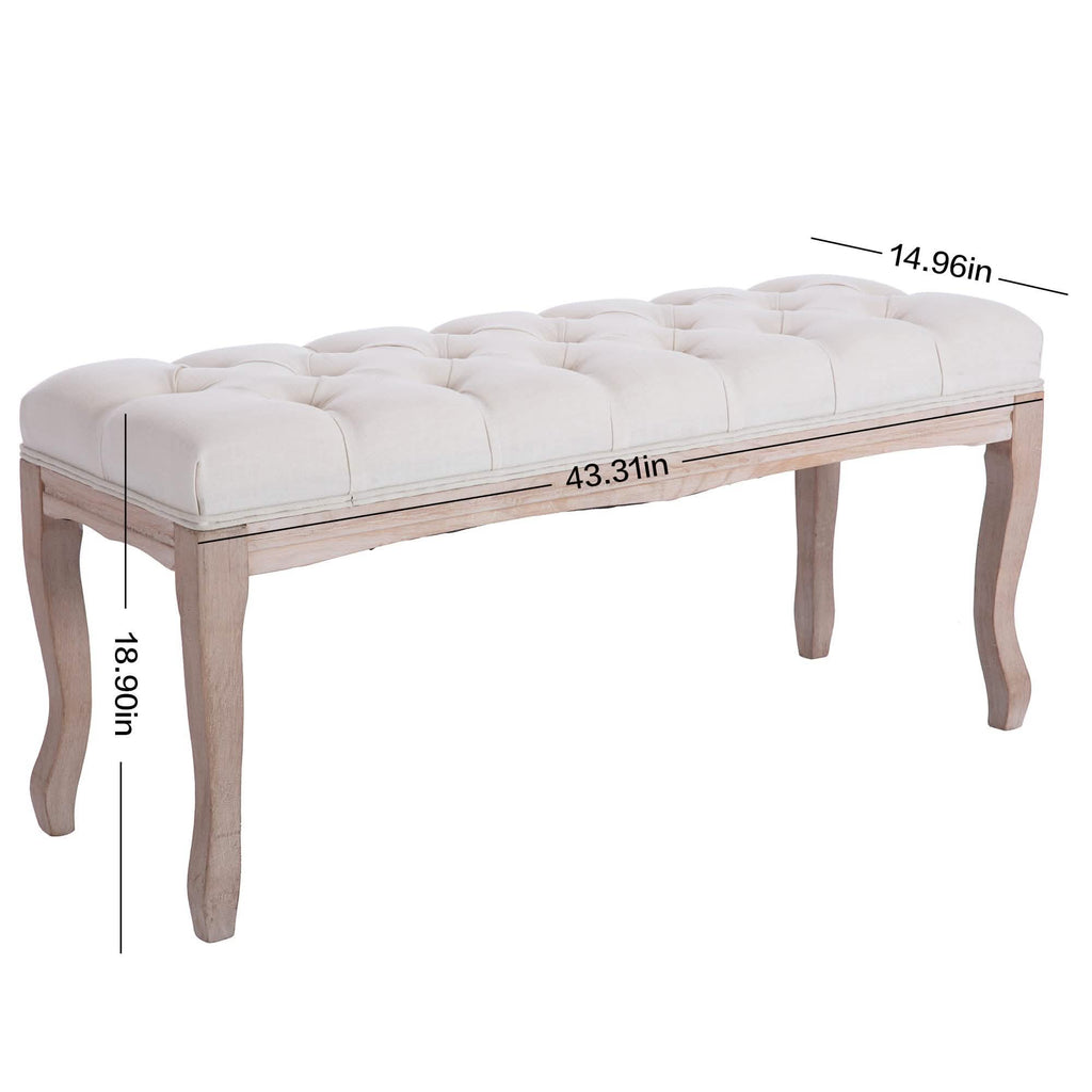 Entryway Wooden Bench, Upholstered Fabric Footstool