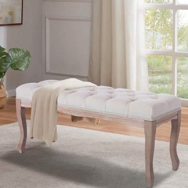 Entryway Wooden Bench, Upholstered Fabric Footstool