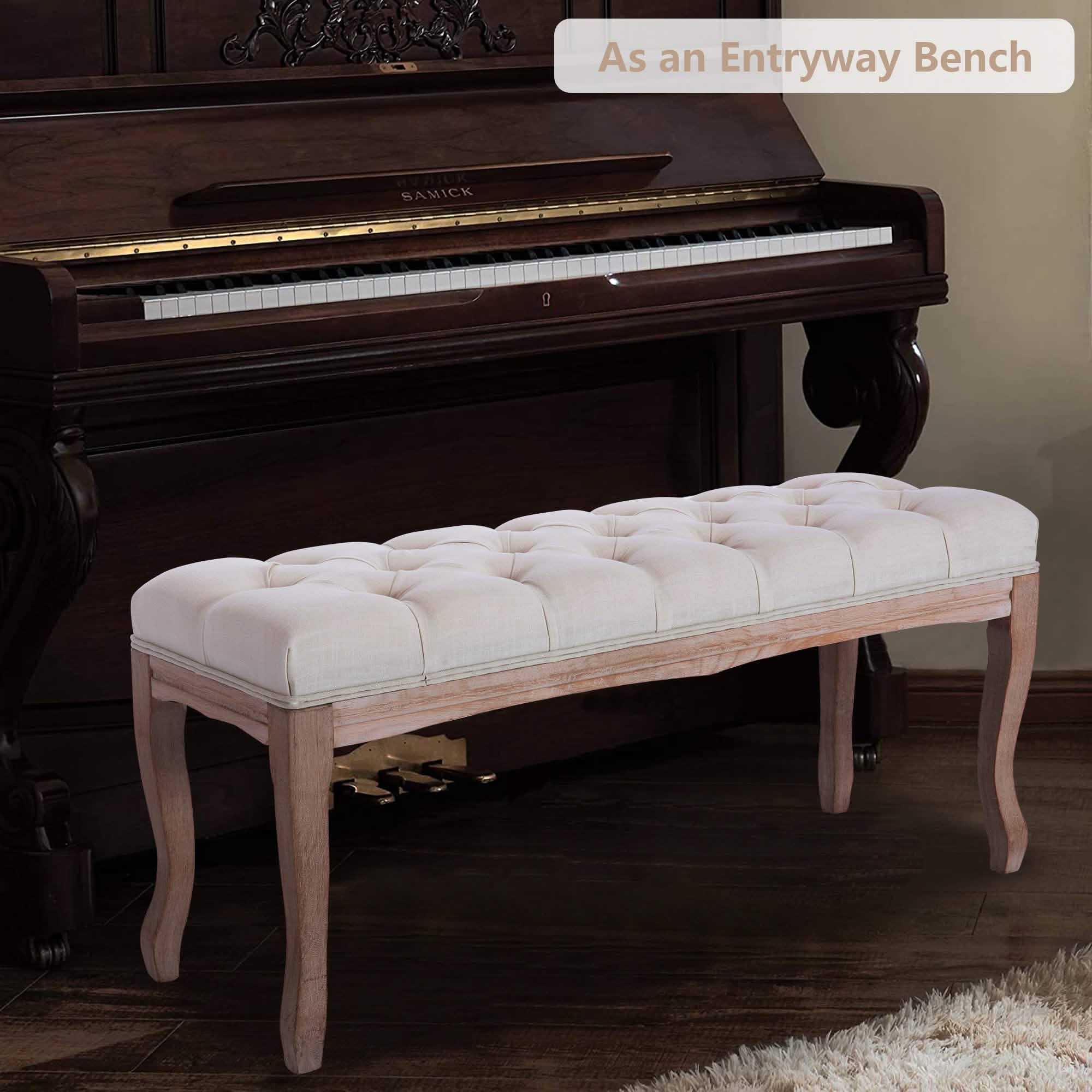 Entryway Wooden Bench, Upholstered Fabric Footstool