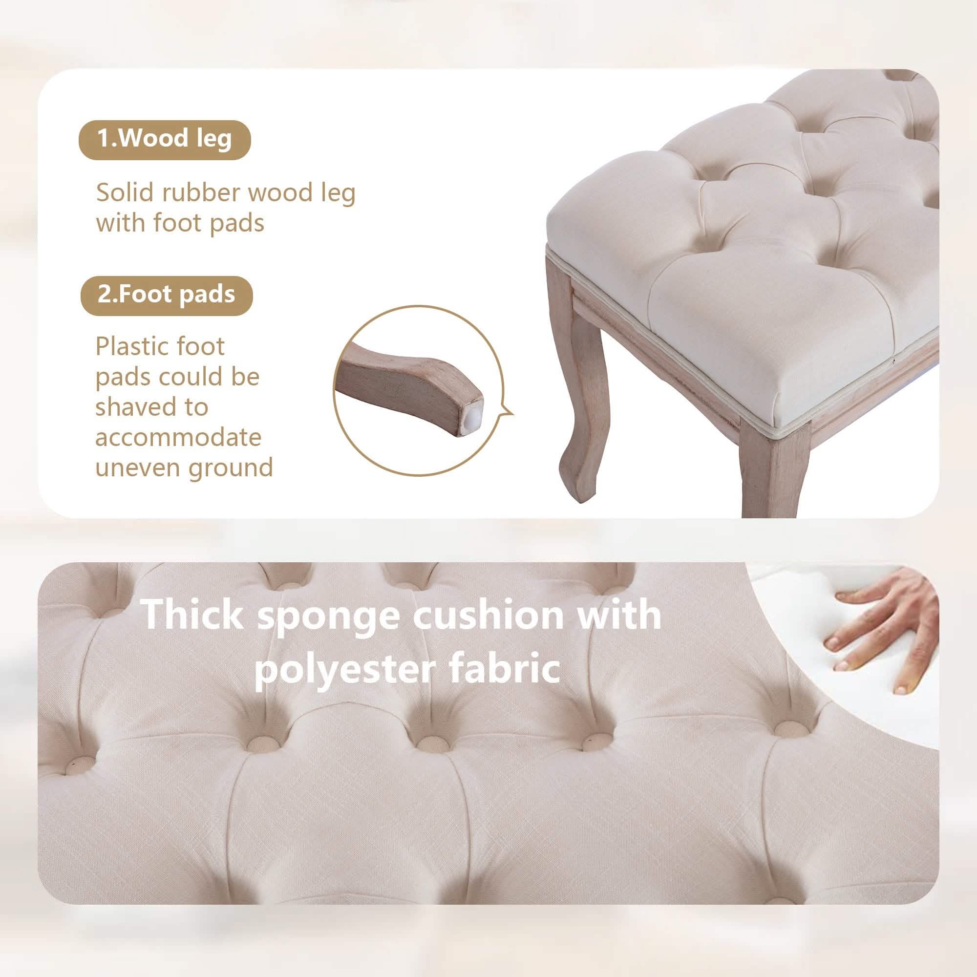 Entryway Wooden Bench, Upholstered Fabric Footstool