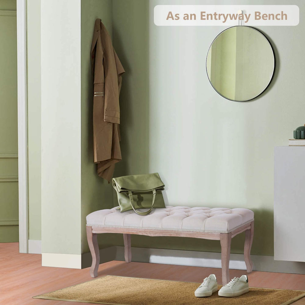 Entryway Wooden Bench, Upholstered Fabric Footstool