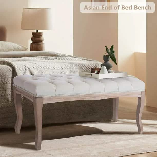 Entryway Wooden Bench, Upholstered Fabric Footstool