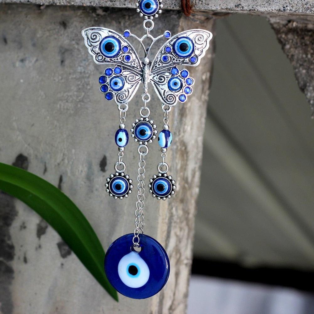Evil Eye Wind Chimes Home Wall Hanging Decor Blue Evil Eye Wall Hanging Ornament With Round Eye Design Metal Home Decor Protection And Good Luck Charm Gift Blessing Protection Gift Dream Catcher Blue Rhinestone Wind Chimes