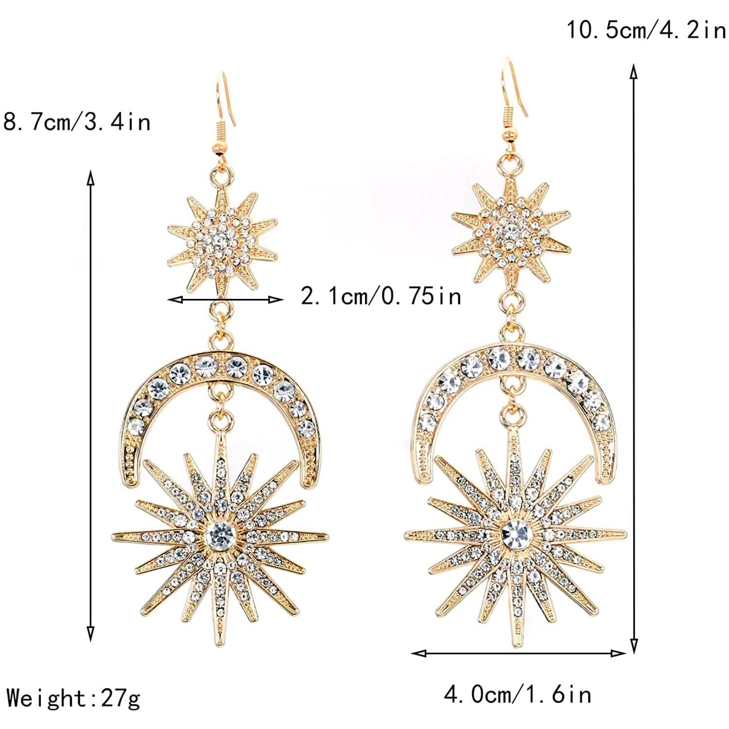 Exaggerated Luxury Sun Moon Stars Drop Earrings