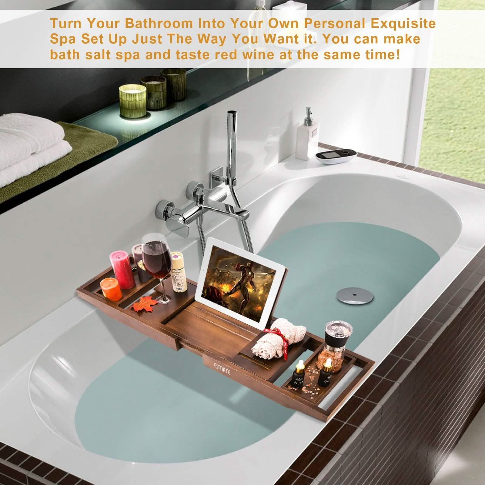 Expandable Bamboo Caddy Bath Tub Organizer Tray
