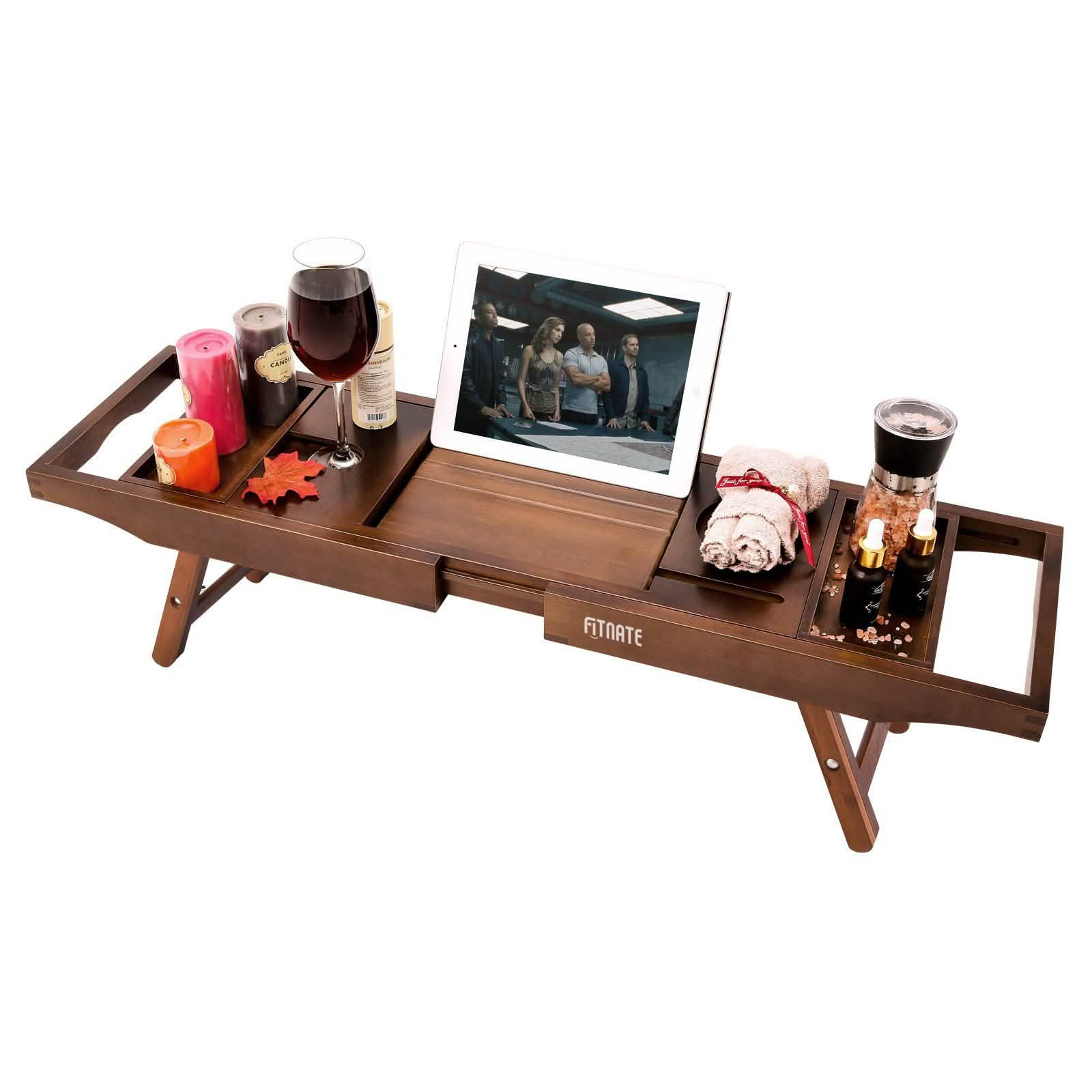 Expandable Bamboo Caddy Bath Tub Organizer Tray