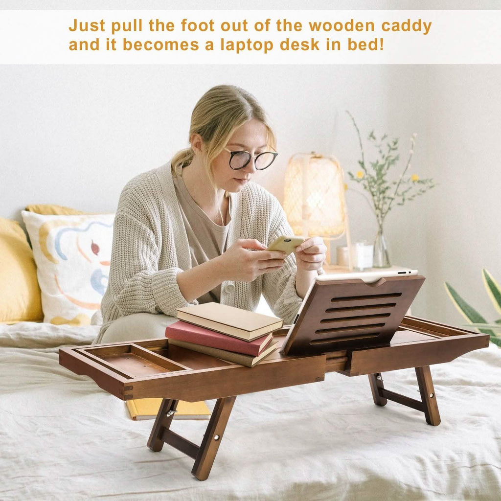 Expandable Bamboo Caddy Bath Tub Organizer Tray