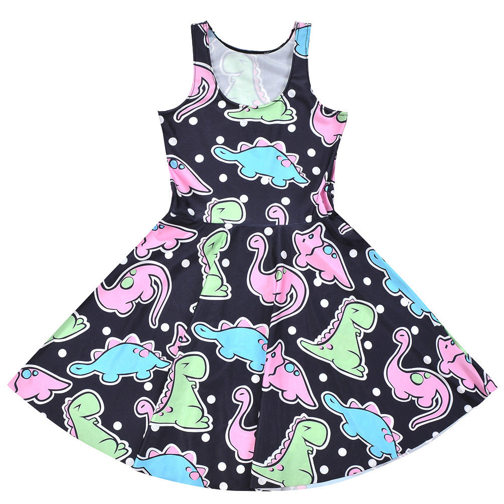Black Cartoon Color Dinosaur Pleated Umbrella Skirt