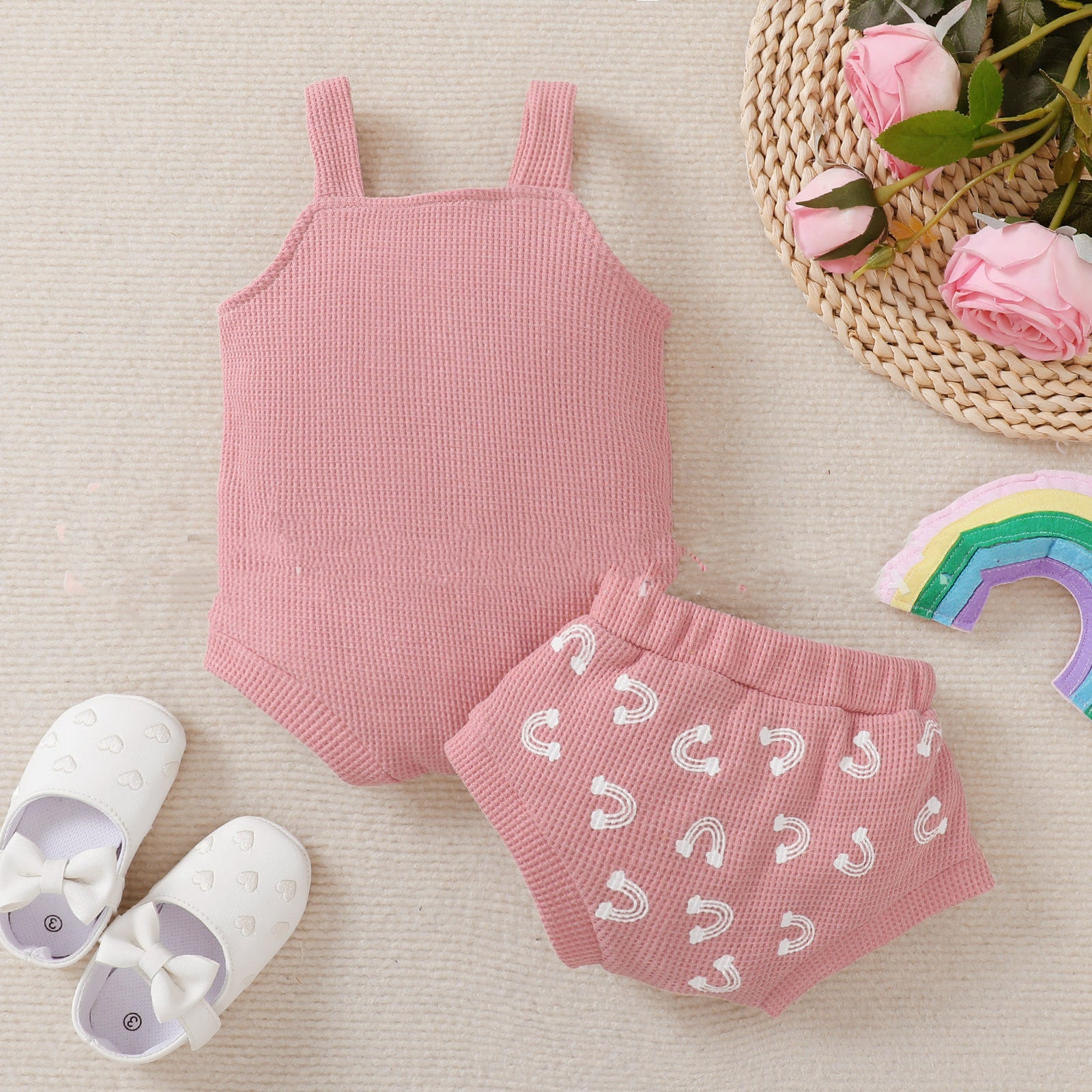 Rainbow Element Waffle Sleeveless Top And Shorts Set