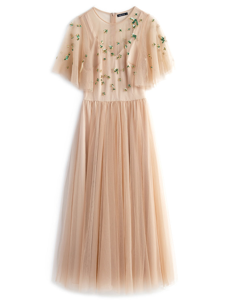 Mesh Flare Sleeve Umbrella Swing Dress