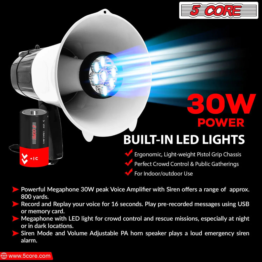5Core Megaphone Bullhorn Speaker 30W LED Bull Horn Battery Power Cheer Megafono 800 Yard