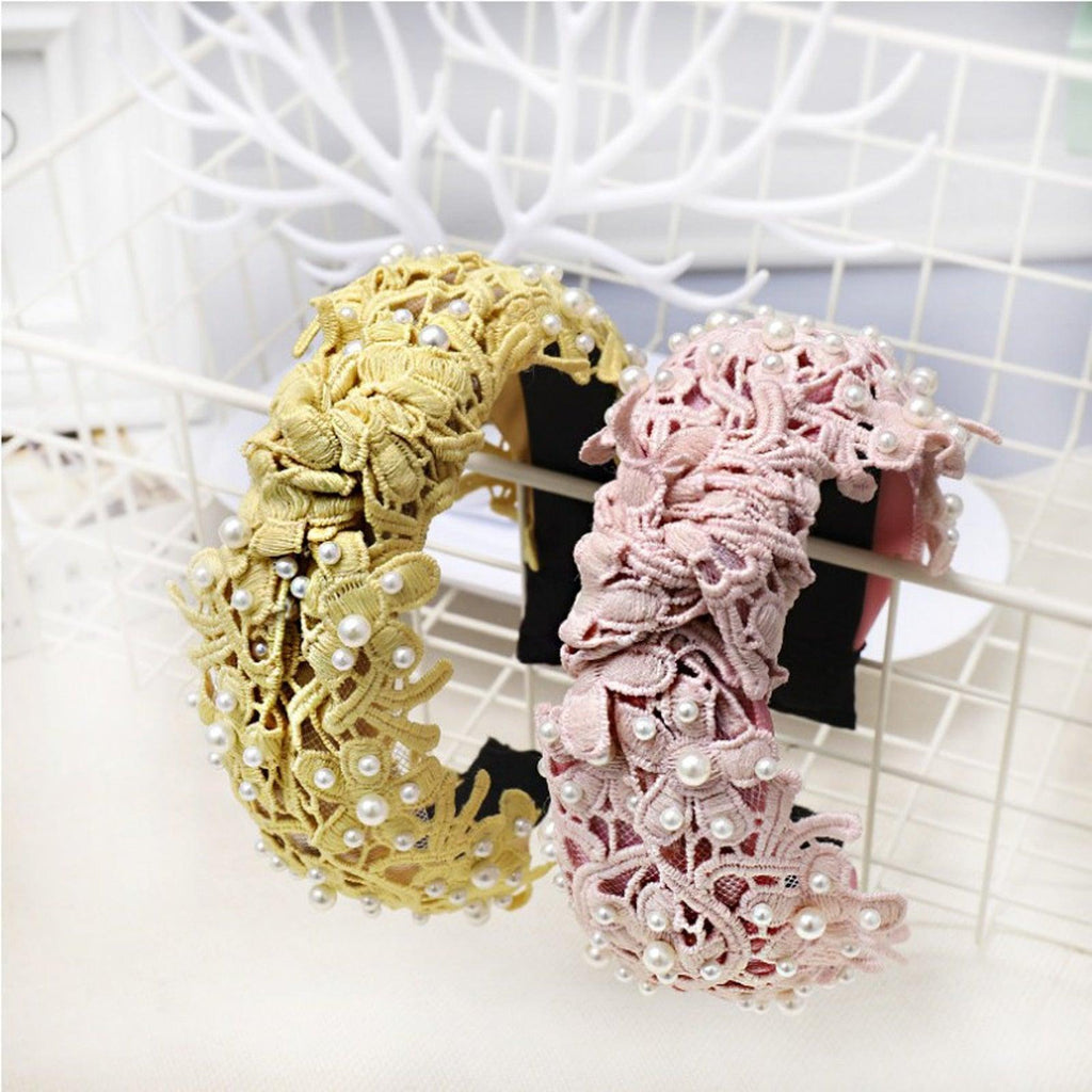 Fashion Girls Pearl Hairband White Black Lace Headband Women Artificial Pearls Hair Hoop Middle Knot Hair Accessories Gorgeous Hair Accessories For Women