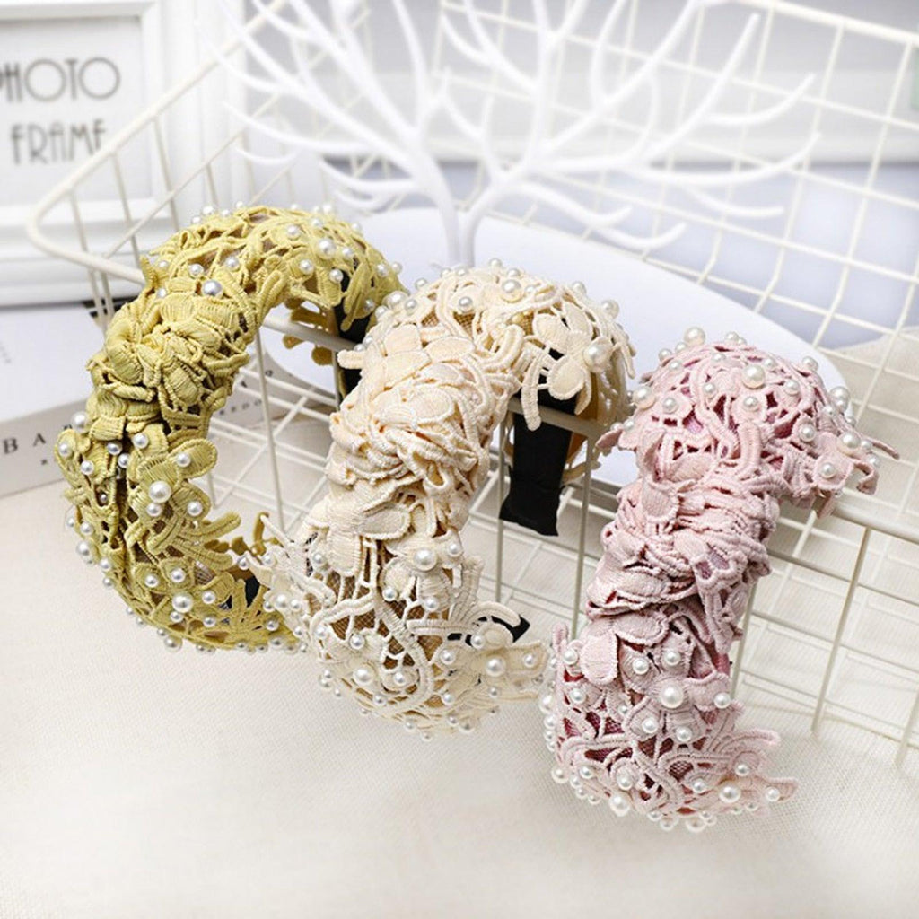 Fashion Girls Pearl Hairband White Black Lace Headband Women Artificial Pearls Hair Hoop Middle Knot Hair Accessories Gorgeous Hair Accessories For Women