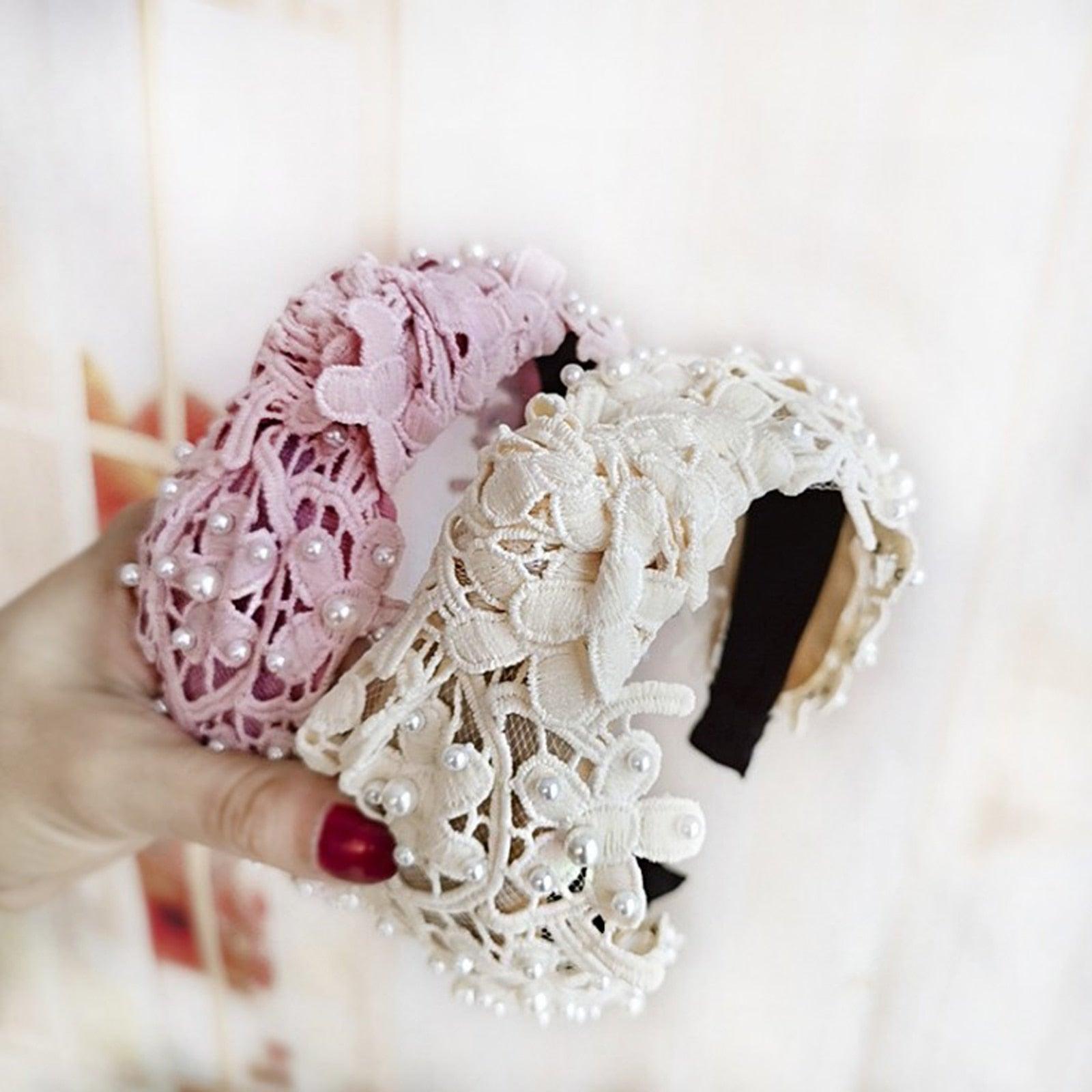 Fashion Girls Pearl Hairband White Black Lace Headband Women Artificial Pearls Hair Hoop Middle Knot Hair Accessories Gorgeous Hair Accessories For Women