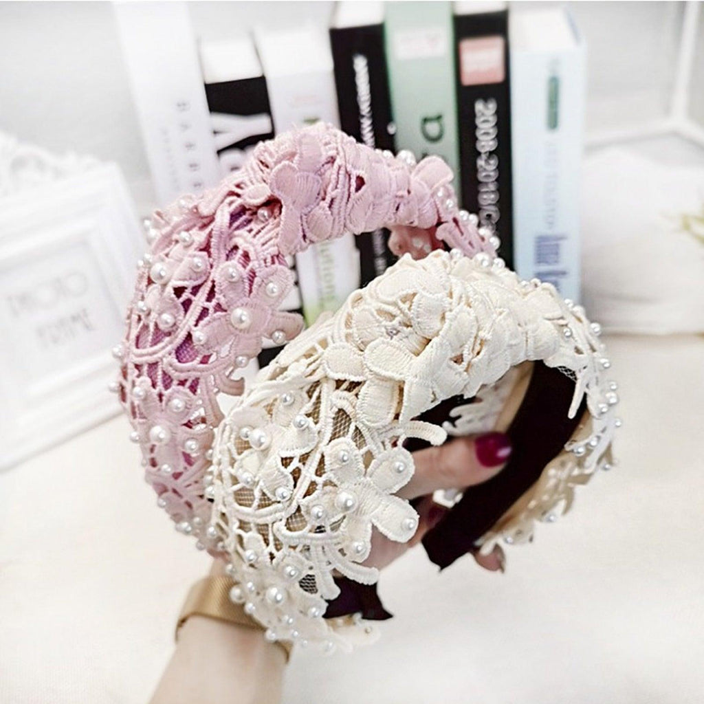 Fashion Girls Pearl Hairband White Black Lace Headband Women Artificial Pearls Hair Hoop Middle Knot Hair Accessories Gorgeous Hair Accessories For Women