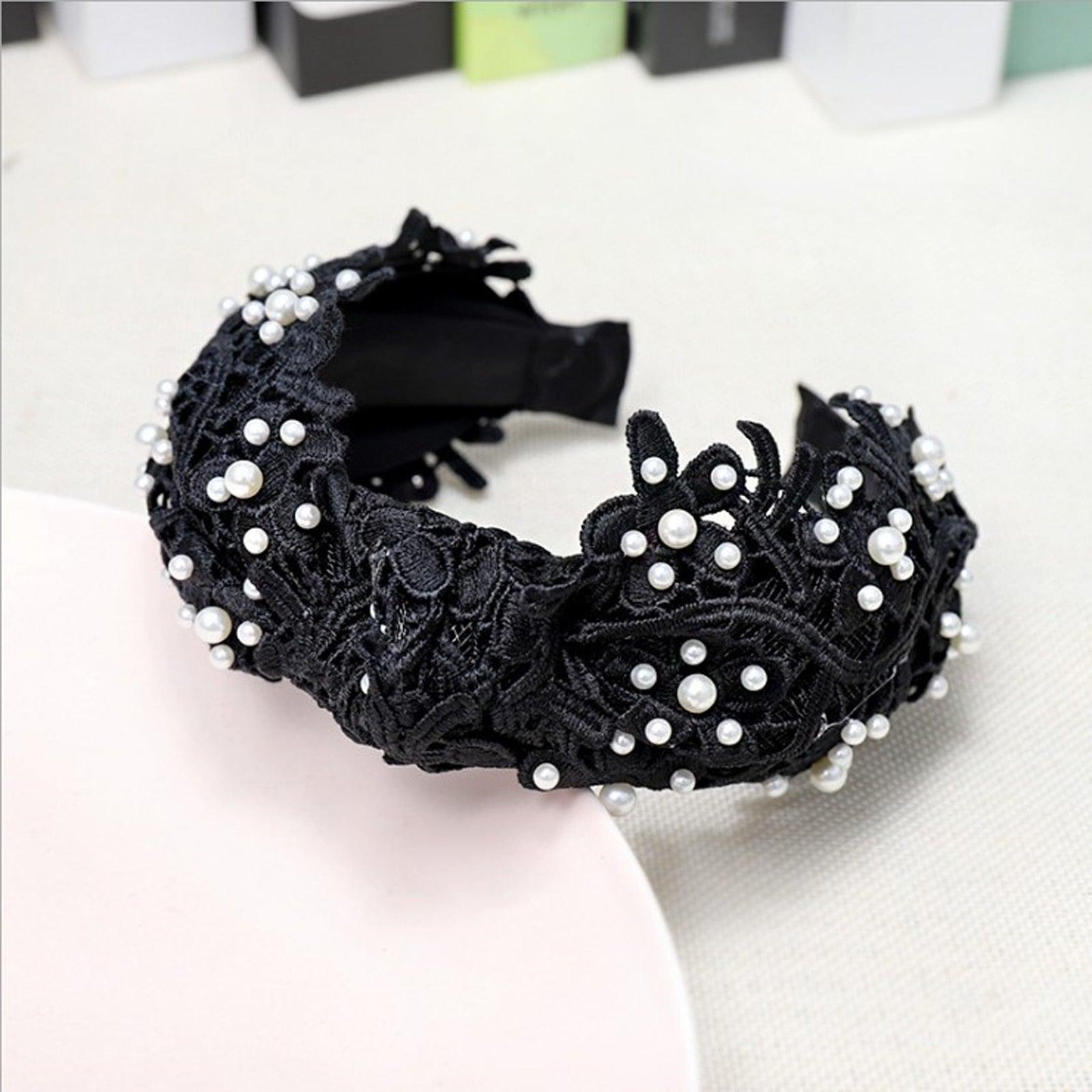 Fashion Girls Pearl Hairband White Black Lace Headband Women Artificial Pearls Hair Hoop Middle Knot Hair Accessories Gorgeous Hair Accessories For Women