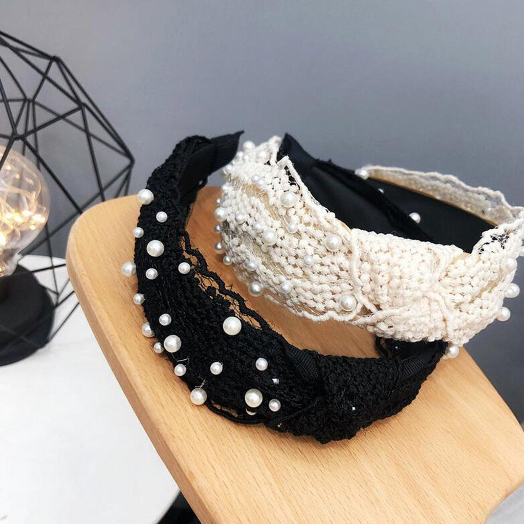 Fashion Girls Pearl Hairband White Black Lace Headband Women Artificial Pearls Hair Hoop Middle Knot Hair Accessories Gorgeous Hair Accessories For Women