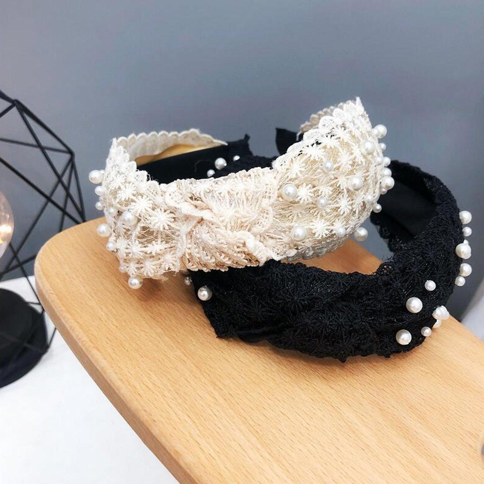 Fashion Girls Pearl Hairband White Black Lace Headband Women Artificial Pearls Hair Hoop Middle Knot Hair Accessories Gorgeous Hair Accessories For Women