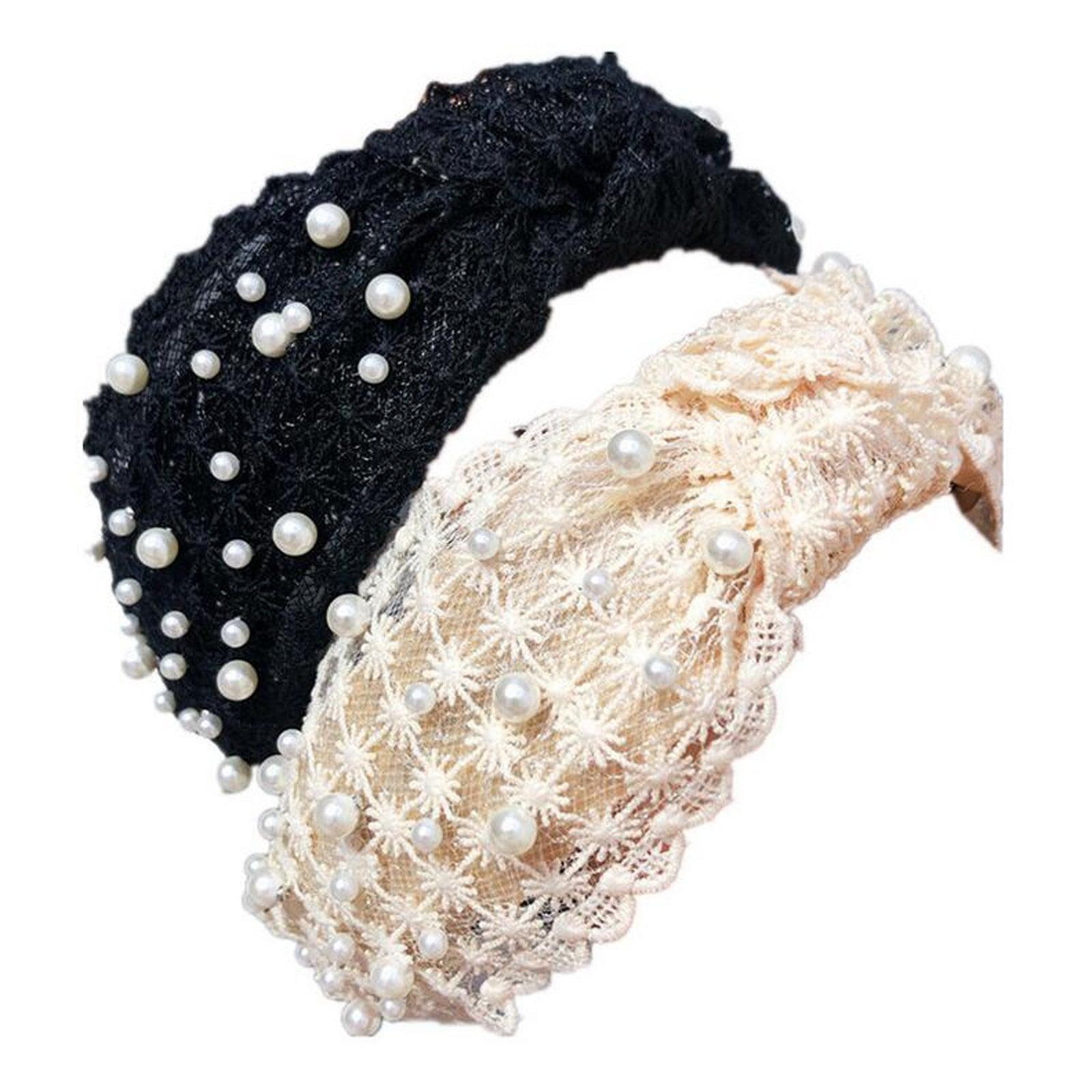 Fashion Girls Pearl Hairband White Black Lace Headband Women Artificial Pearls Hair Hoop Middle Knot Hair Accessories Gorgeous Hair Accessories For Women