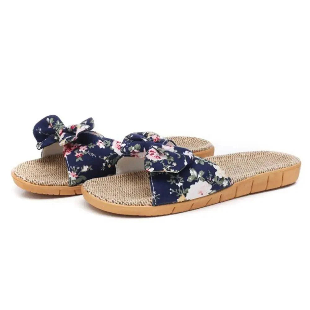 Fashion Woman Beach Floral Pattern Butterfly Knot Slippers Unique Flat Flip Flops Design For Women Outdoor Home Slippers