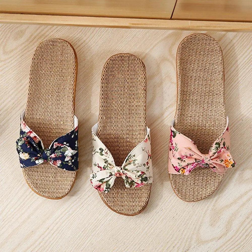 Fashion Woman Beach Floral Pattern Butterfly Knot Slippers Unique Flat Flip Flops Design For Women Outdoor Home Slippers