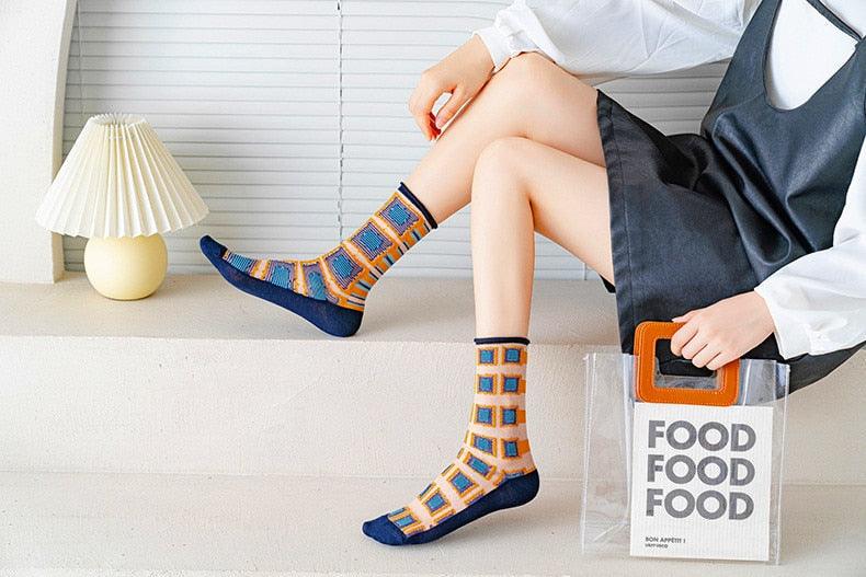 Fashion Women Socks New Spring Summer Mesh Thin Long Printed Socks Women Casual Breathable Fresh Flower Socks Korea Style Color Thin Socks For Women