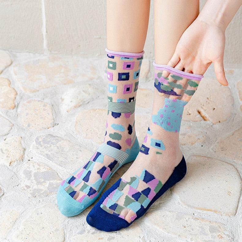Fashion Women Socks New Spring Summer Mesh Thin Long Printed Socks Women Casual Breathable Fresh Flower Socks Korea Style Color Thin Socks For Women