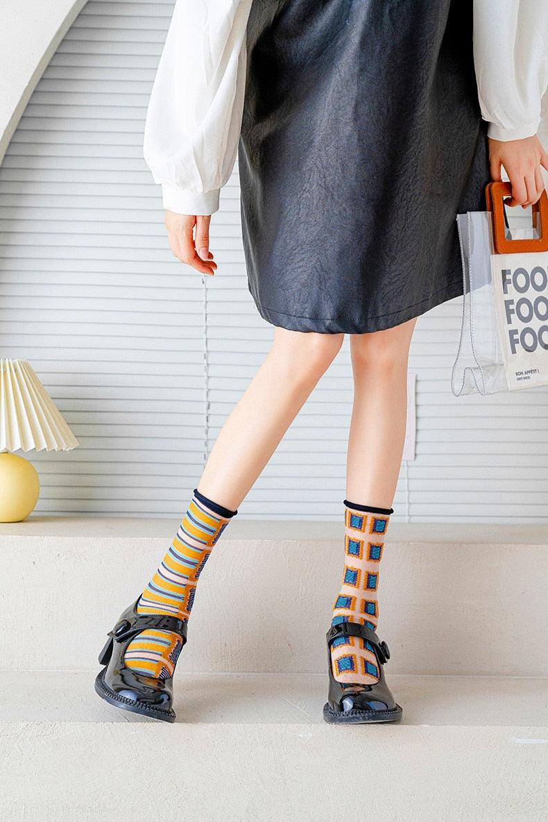 Fashion Women Socks New Spring Summer Mesh Thin Long Printed Socks Women Casual Breathable Fresh Flower Socks Korea Style Color Thin Socks For Women
