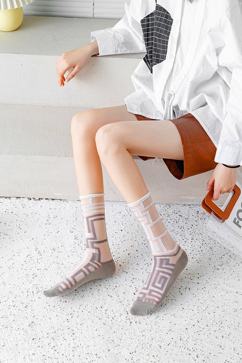 Fashion Women Socks New Spring Summer Mesh Thin Long Printed Socks Women Casual Breathable Fresh Flower Socks Korea Style Color Thin Socks For Women