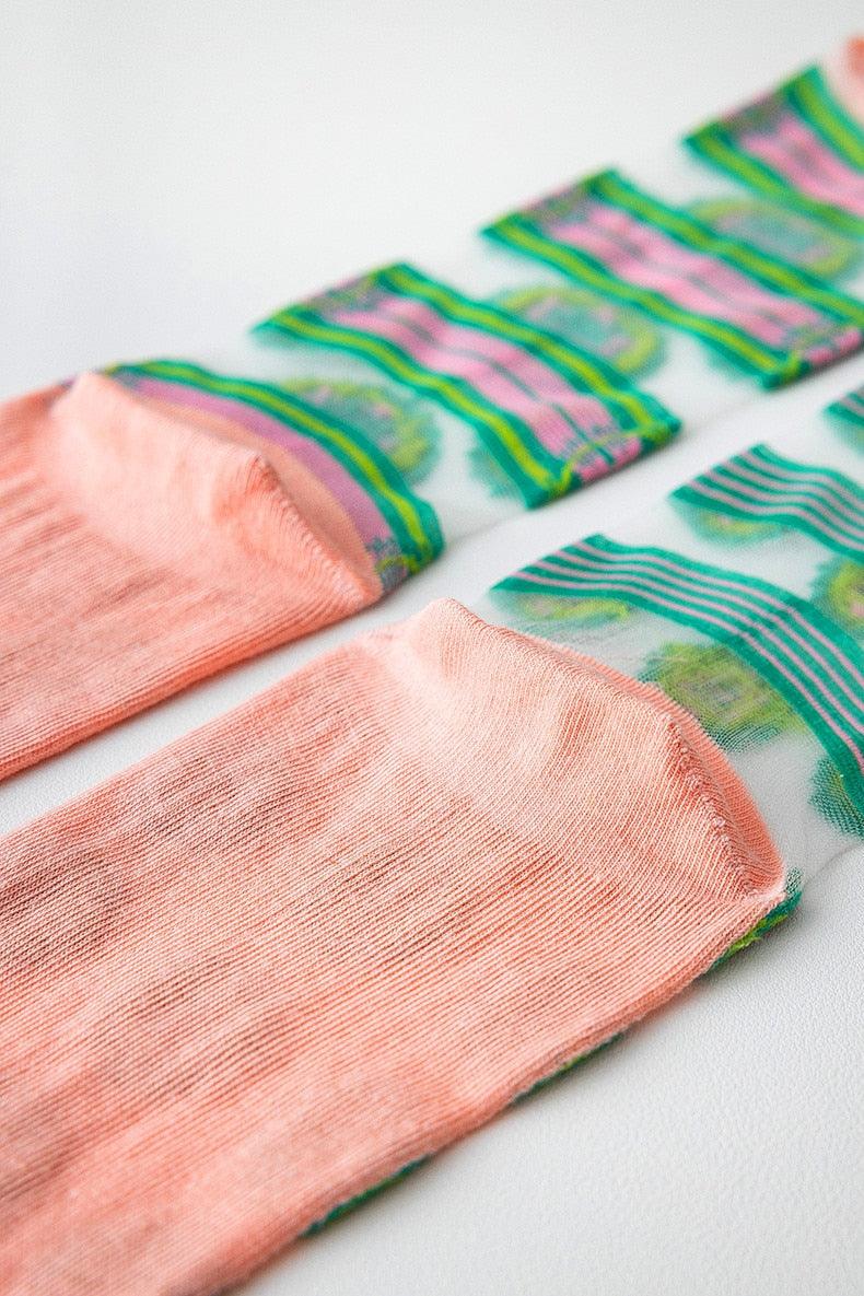 Fashion Women Socks New Spring Summer Mesh Thin Long Printed Socks Women Casual Breathable Fresh Flower Socks Korea Style Color Thin Socks For Women