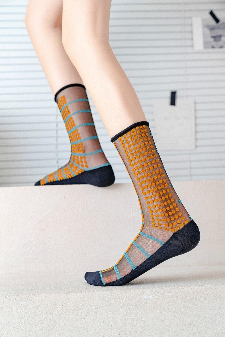 Fashion Women Socks New Spring Summer Mesh Thin Long Printed Socks Women Casual Breathable Fresh Flower Socks Korea Style Color Thin Socks For Women