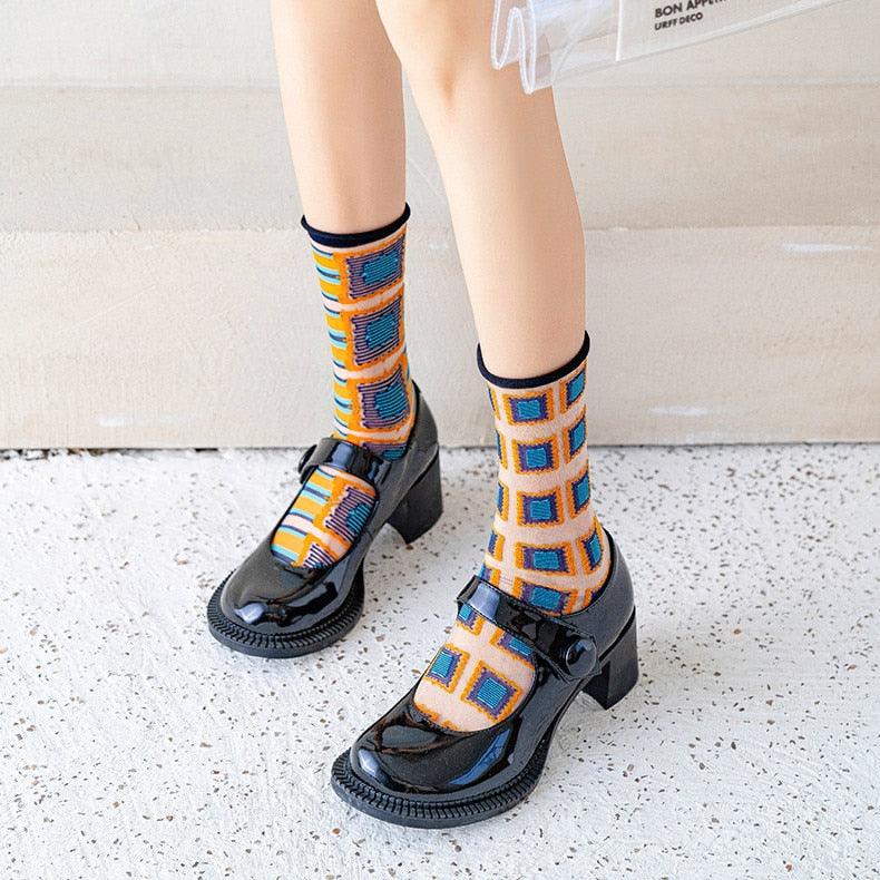 Fashion Women Socks New Spring Summer Mesh Thin Long Printed Socks Women Casual Breathable Fresh Flower Socks Korea Style Color Thin Socks For Women