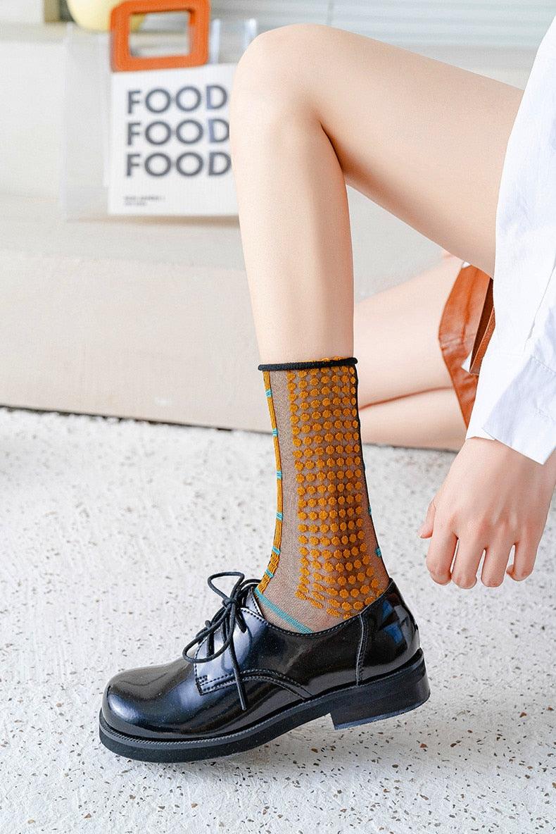 Fashion Women Socks New Spring Summer Mesh Thin Long Printed Socks Women Casual Breathable Fresh Flower Socks Korea Style Color Thin Socks For Women