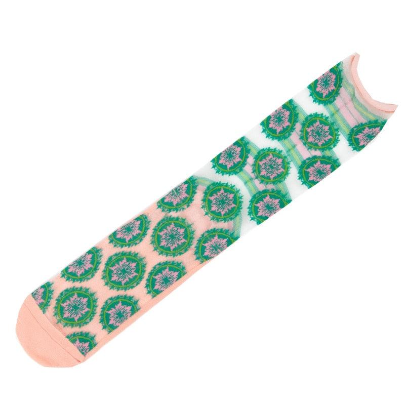 Fashion Women Socks New Spring Summer Mesh Thin Long Printed Socks Women Casual Breathable Fresh Flower Socks Korea Style Color Thin Socks For Women