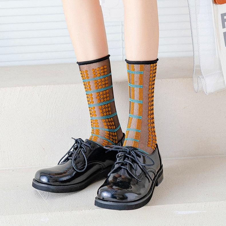Fashion Women Socks New Spring Summer Mesh Thin Long Printed Socks Women Casual Breathable Fresh Flower Socks Korea Style Color Thin Socks For Women