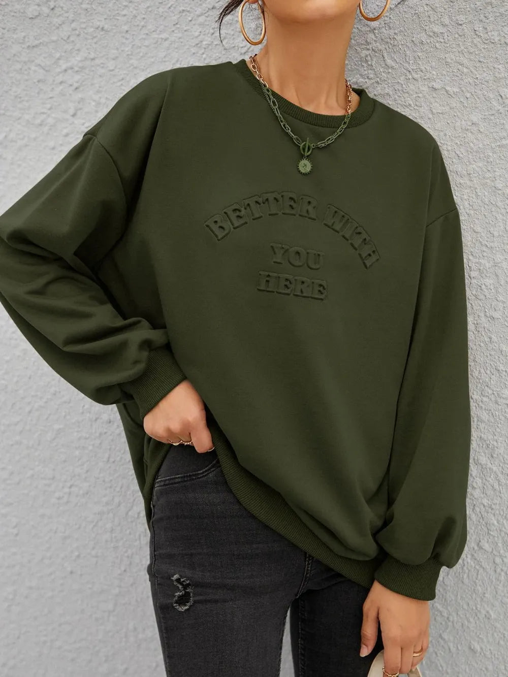 Fashionable round neck long sleeved letter solid color loose hoodie