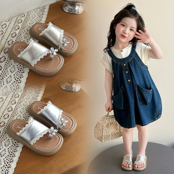 2026 Summer New Girls Outdoor Slippers, Chanel-style Toe Post Slide Sandals, Soft Sole Non-slip Princess Flip Flops For Girls