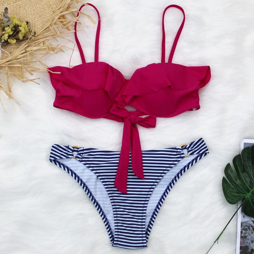 Female Two Piece Swimsuit Low Waist Bikini Floral Printing Swimwear Push Up Bathing Suit  Detachable Padded Push Up Striped Bikini Set Two Piece Swimsuit Ladies Vintage Lace Bikini Sets Beach Swimwear