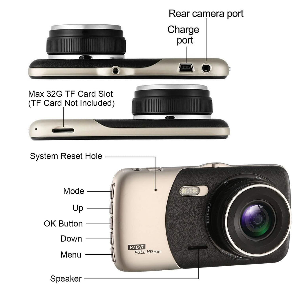 FHD 1080P Dash Cam 4" Screen Dual Cameras