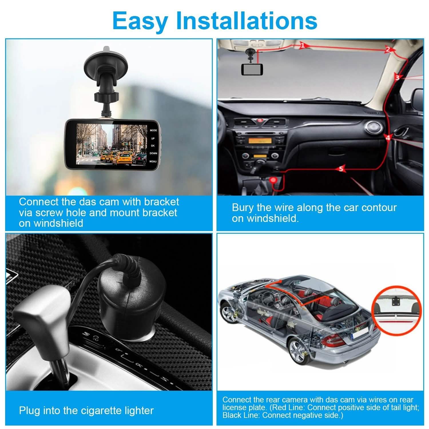 FHD 1080P Dash Cam 4" Screen Dual Cameras