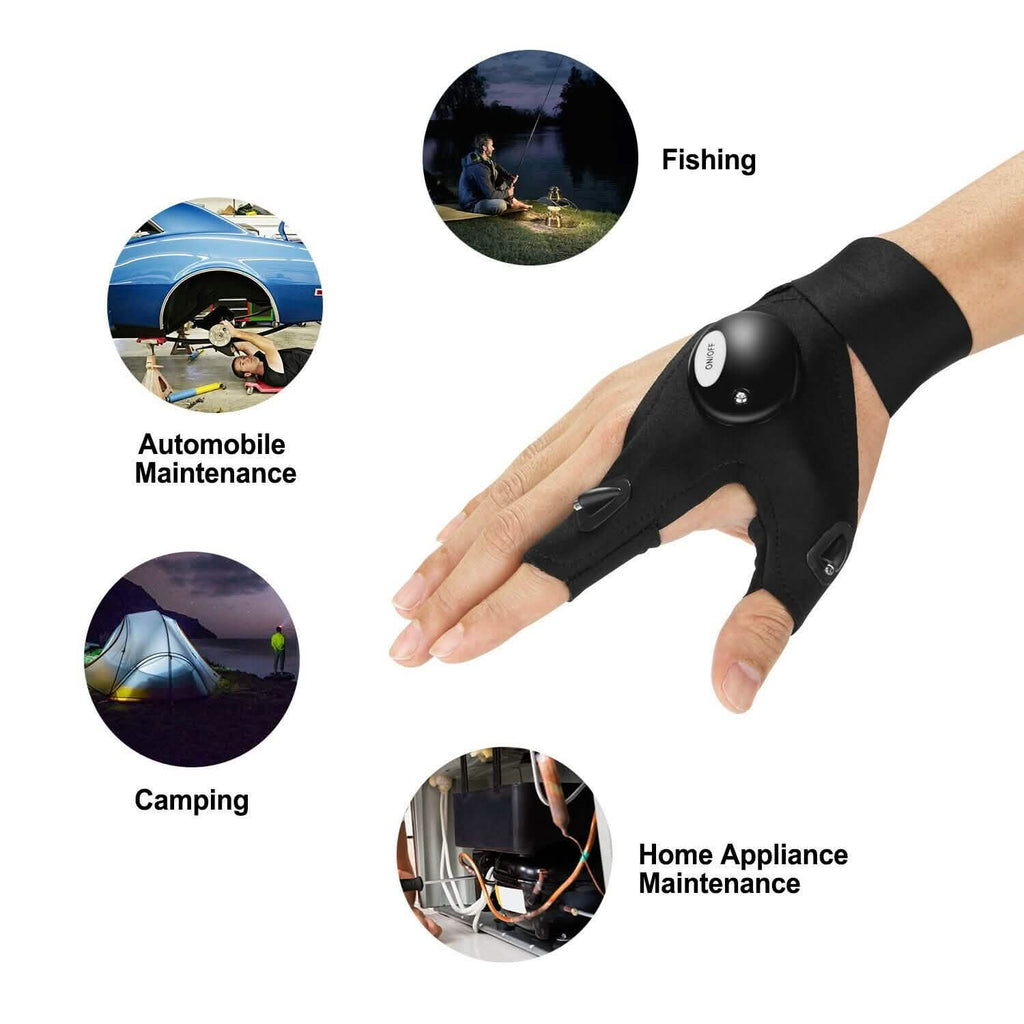 Fingerless LED Flashlight Gloves Auto Repair Fishing Hiking