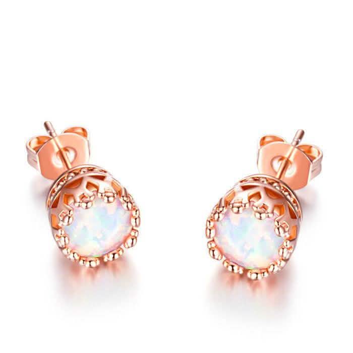 Fire Opal Crown Stud Earrings in 18K Rose Gold Plating