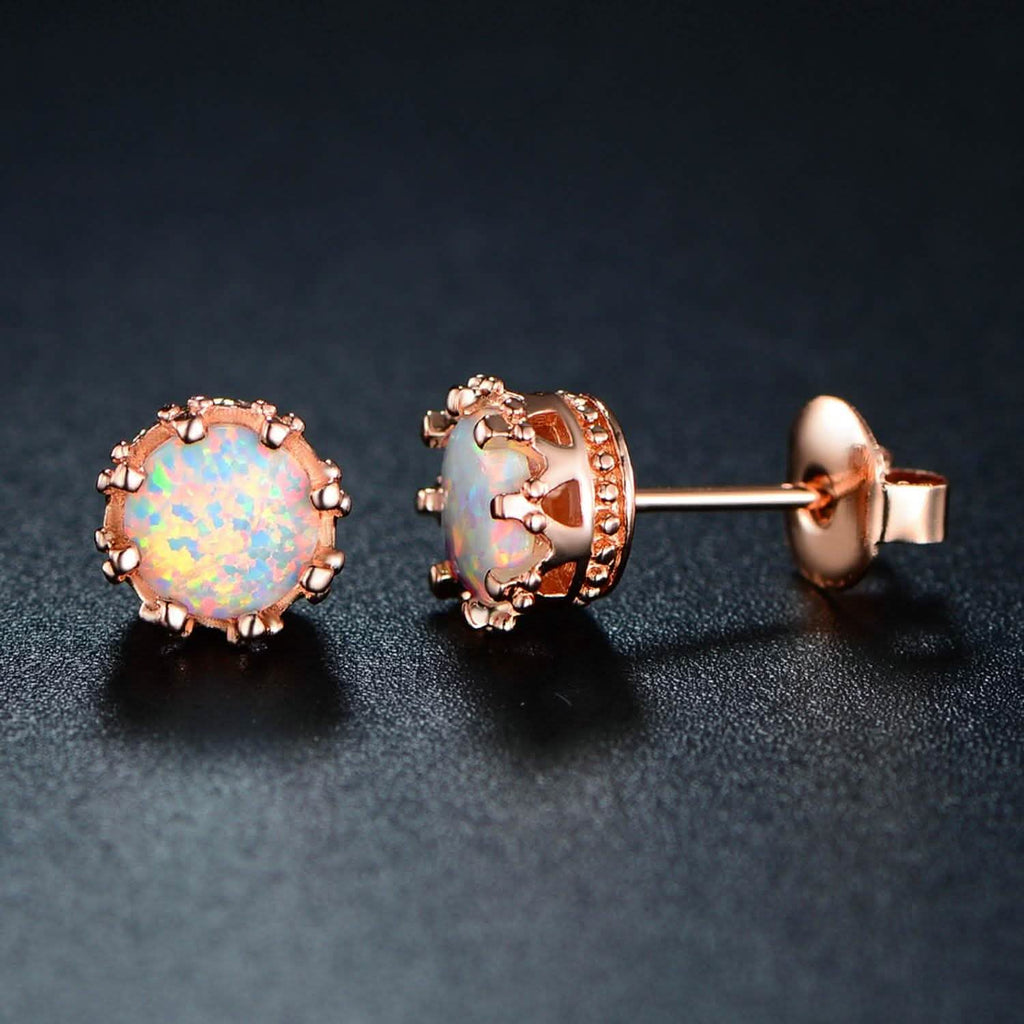 Fire Opal Crown Stud Earrings in 18K Rose Gold Plating